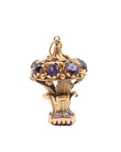 18K yg Pendant / watch Fob with faceted amethysts 37x24mm 11.9g