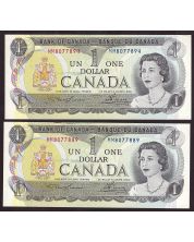 2x 1973 Canada $1 banknotes errors obverse ink smear MM8077889 and 894 UNC