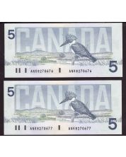 2x 1986 Canada $5 consecutive notes Knight Theissen ANK8270676-77 CH UNC