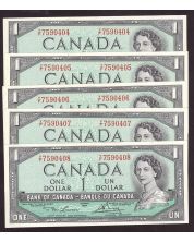 5x 1954 Canada $1 consecutive notes Lawson Bouey Y/F7590404-08 CH UNC+