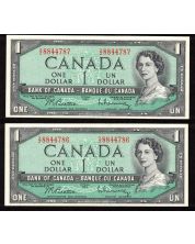 2x 1954 Canada $1 consecutive notes Beattie Rasminsky X/Z8844786-7 CH UNC