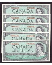 5x 1954 Canada $1 consecutive Bouey Rasminsky S/F9804485-89 CH UNC+
