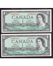 2x 1954 Canada $1 consecutive notes Beattie Rasminsky V/O9569419-20 CH UNC