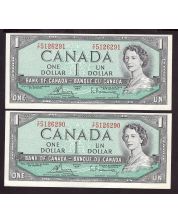 2x 1954 Canada $1 consecutive Bouey Rasminsky T/F5126290-91 CH UNC