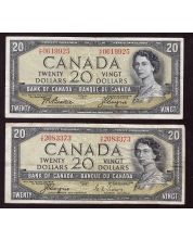 2x 1954 Canada $20 notes Coyne Towers devils face & Beattie Coyne modified