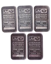5x 1 oz JM Silver Bars Johnson Matthey 999 Fine Silver