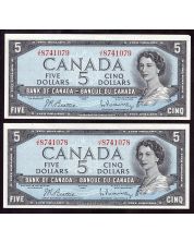 2x 1954 Canada consecutive notes Beattie Rasminsky J/X8741078-79 CH UNC