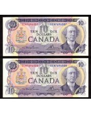 2x 1971 Canada $10 consecutive notes Lawson Bouey EEN7696507-08 CH UNC