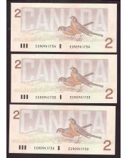 3X 1986 Canada $2 consecutive notes Theissen Crow EGR0941732-4 Choice UNC+