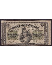1870 B Canada 25 banknote shinplaster large letter B  VG/F