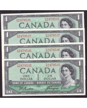 4x 1954 Canada $1 consecutive notes Beattie Coyne F/M2479535-38 CH UNC+