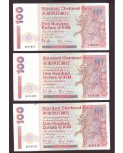 3x 1993 Hong Kong Standard Chartered Bank $100 banknotes 