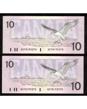 2x 1989 Canada $10 consecutive notes Theissen Crow ADT8193274-75 CH UNC