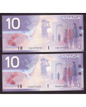 2X 2001 Canada $10 notes Knight Dodge FEG6976239 FEN1078572 Choice UNC