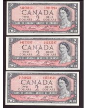 3x 1954 Canada $2 Banknotes Lawson Bouey VG prefix  all 3-notes AU