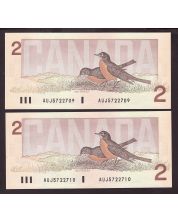 2X 1986 Canada $2 consecutive notes Crow Bouey AUJ5722709-10 CH UNC+