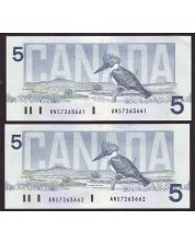 2X 1986 Canada $5 banknote Knight Dodge ANS7263661-62 BC-56e-i Choice UNC