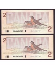 2x 1986 Canada $2 consecutive notes Crow Bouey AUJ6626706-7 BC55a CH UNC