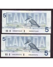 2X 1986 Canada $5 banknotes BC-56e HNB6854396 and HNB8092660 Choice UNC