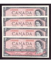4x 1954 Canada $2 consecutive notes Lawson Bouey U/G3599062-65 CH AU/UNC