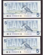 3x 1986 Canada $5 consecutive banknotes Theissen Crow FPZ0365123-25 CH UNC