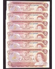 6x 1974 Canada $2 consecutive banknotes Crow Bouey AGZ1363786-91 CH UNC+