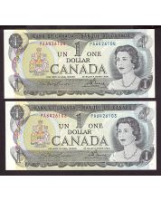 2x 1973 Canada $1 consecutive banknotes Lawson Bouey PA 6426103-04 UNC