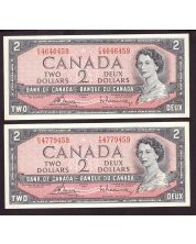 2x 1954 Canada $2 notes Bouey Rasminsky F/G4646459 & 4779459 Choice UNC