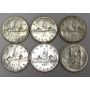 6x Canada silver dollars 1st Queen Elizabeth young head 