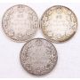 1911 1912 and 1913 Canada 50 cents 3-coins VG