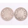 1872H and 1874H Canada 25 cents circulated