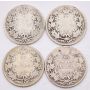 1902 1902H 1905 1908 Canada 25 cents 4-coins AG
