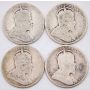 1902 1902H 1905 1908 Canada 25 cents 4-coins AG