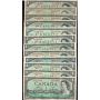 23 x Canada 1954 $1 banknotes 23 notes all circulated and/or damaged
