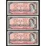 3 x Canada 1954 $2 banknotes Lawson Bouey O/G R/G U/G Choice UNC