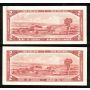 2 x Canada 1954 $2 banknotes Lawson Bouey R/G U/G Choice UNC