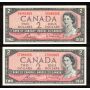 2 x Canada 1954 $2 notes Beattie Rasminsky F/G8085965 F/G 7989965 CH UNC