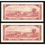 2 x Canada 1954 $2 notes Beattie Rasminsky F/G8085965 F/G 7989965 CH UNC