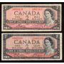 5 x Canada 1954 notes 2x $2 1x $5 2x $10 circulated and/or damaged