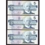 3x 1986 Canada $5 consecutive notes Crow Bouey BBPN EPC2338721-23 CH UNC