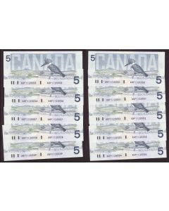 10x 1986 Canada $5 consecutive notes Knight Theissen ANP1125550-9 CH UNC
