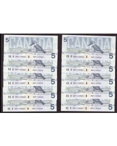 10x 1986 Canada $5 consecutive notes Knight Theissen ANP1125560-69 CH UNC