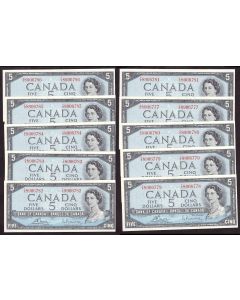 10x 1954 Canada $5 consecutive notes Bouey Rasminsy T/X8906777-86 CH UNC