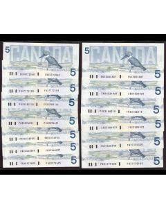 13x 1986 Canada $5 replacement banknotes ENX FNX 13-notes VF to AU