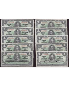 10X 1937 Canada $1 banknotes 10-notes all nice VF or better