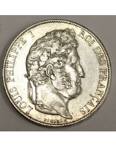 1844 A Paris France 5 Francs silver coin Louis Philippe I  AU50