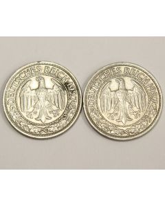 2x 1927F Germany 50 Reichspfennig coins nice grades 