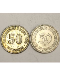 1877B Germany 50 Pfennig w/Lacqer & hole & 1950A Germany 50 Pfennig 