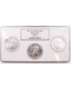 1989 1990 & 1991 USA Silver Eagles all 3-coins Certified NGC MS69
