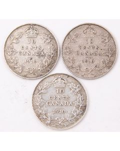 3x 1910 Canada 10 cents 3-coins FINE or better